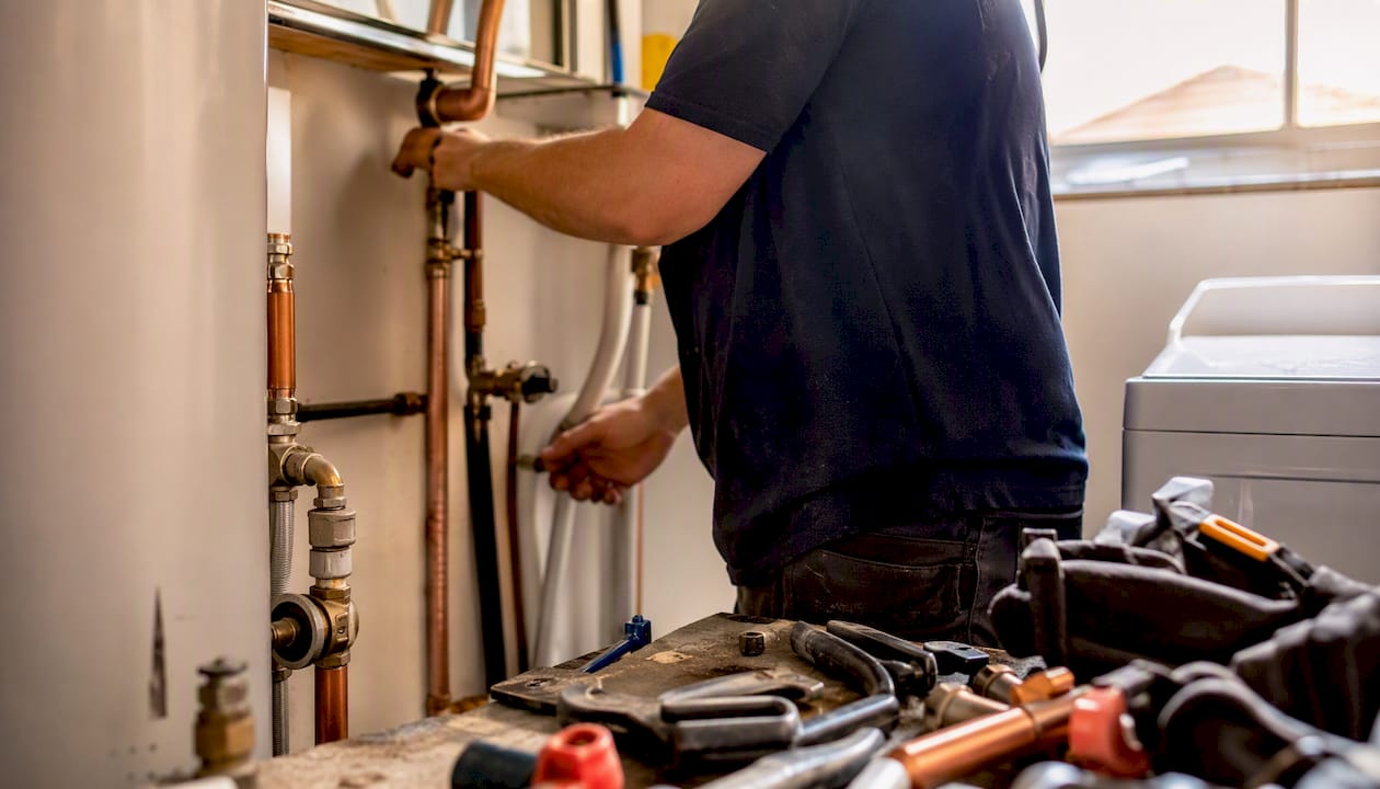 Plumber inspecting water pipes with valve and pressure gauge